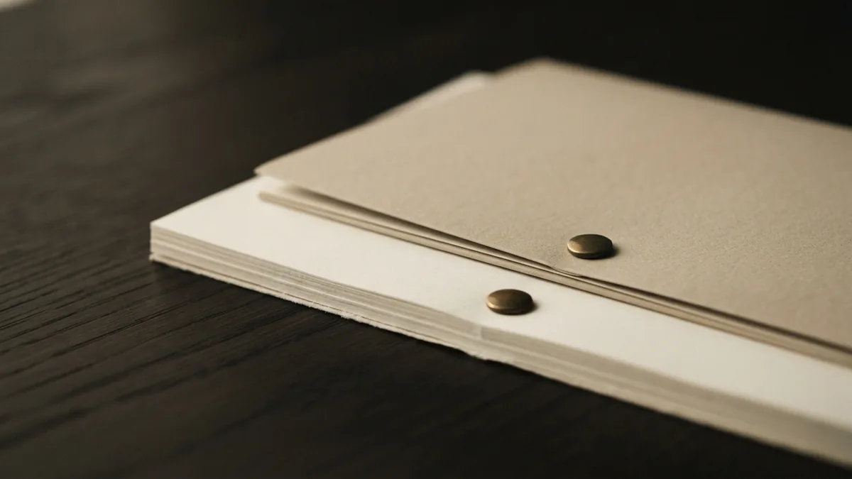 Materials prepared for a company filing Blank papers and brass fasteners beside a closed beige folder on dark wood