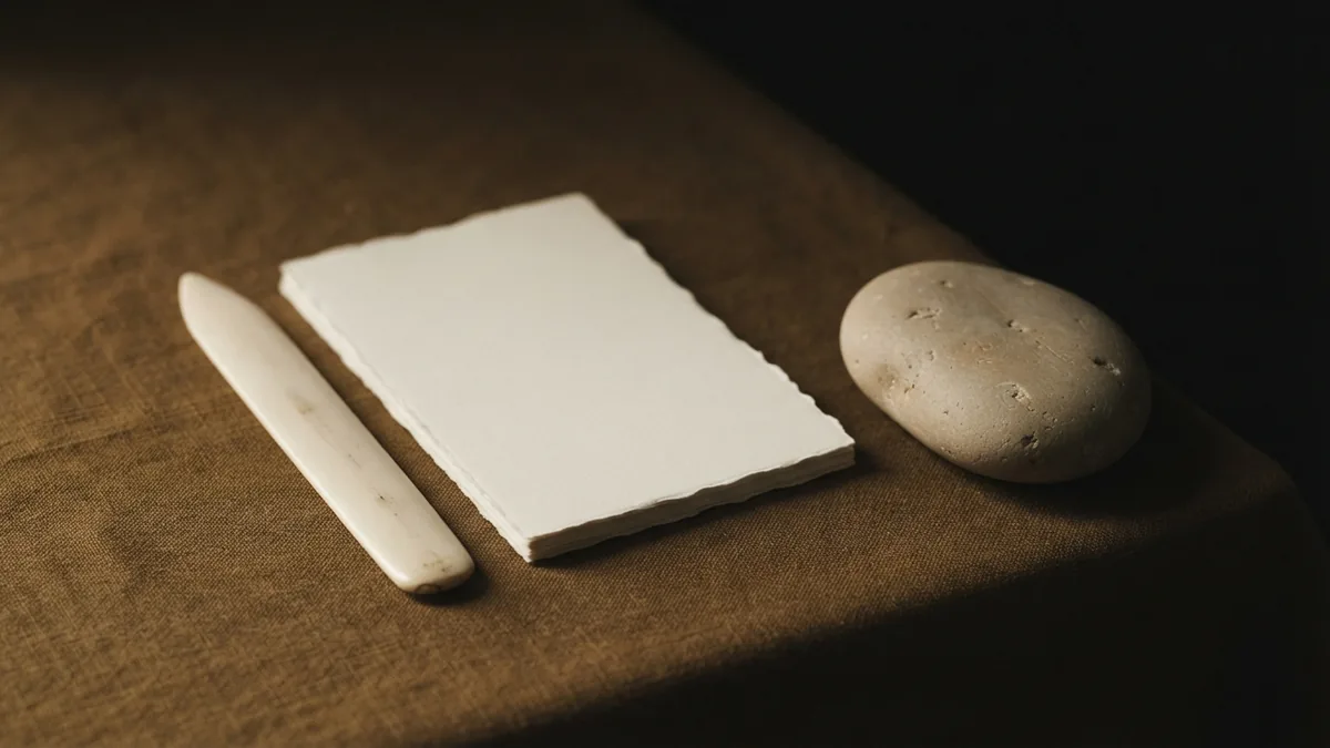 Blank cream sheets, closed folder, and stone paperweight on textured linen