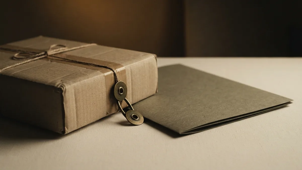 Paper filing and delivery still life Closed folder and sealed parcel with brass clasp on a warm cream table
