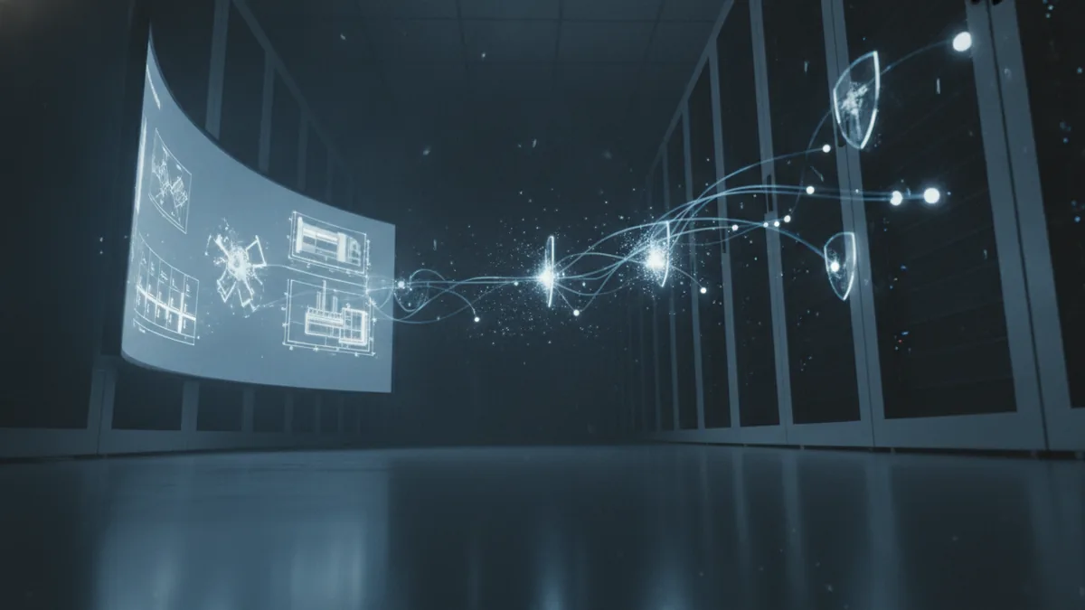 Cyber theft targeting trade secrets Digital network nodes showing cyber threats against industrial secrets
