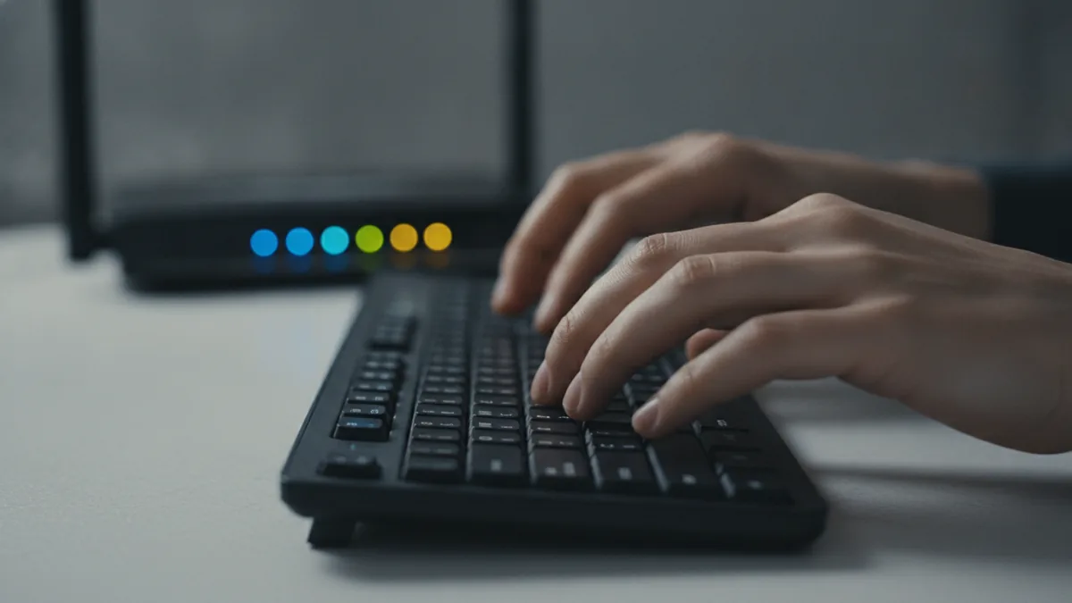 A technician working near a keyboard while network signals glow