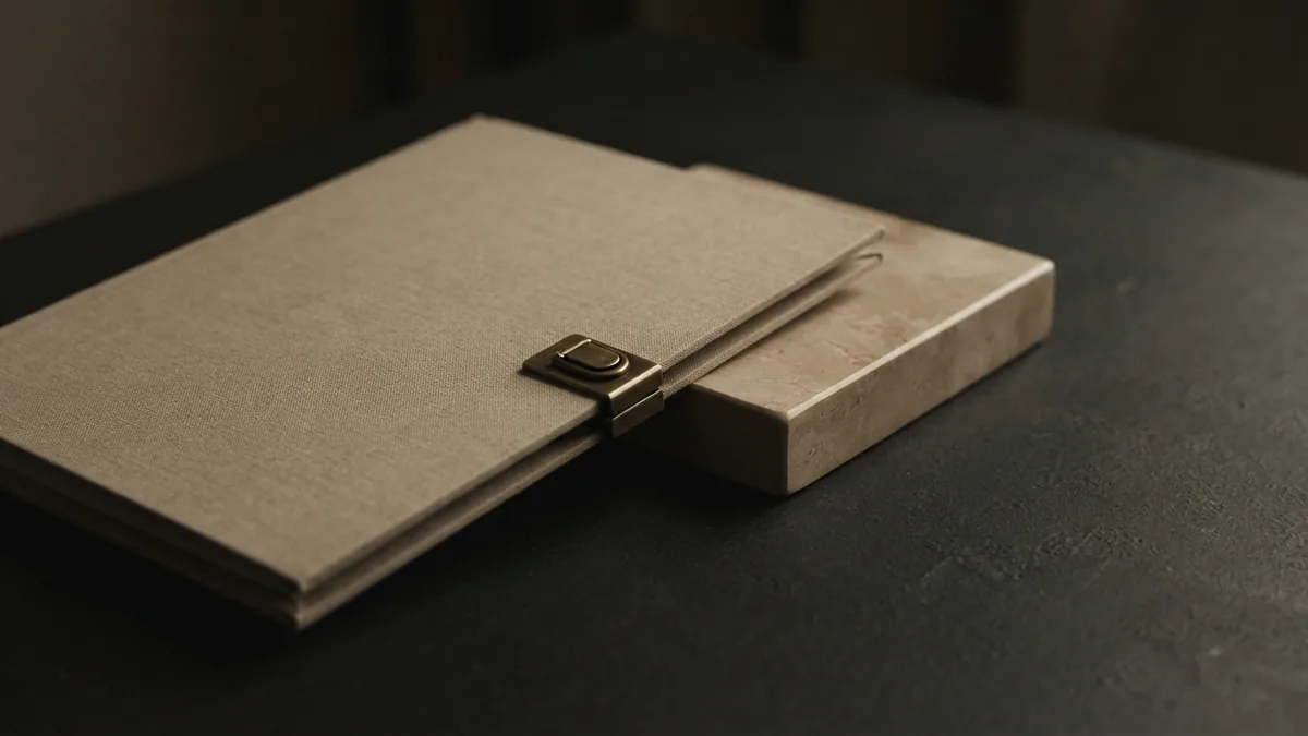 A still life about trust Brass clasp and closed folder beside stone, representing trust and sound controls