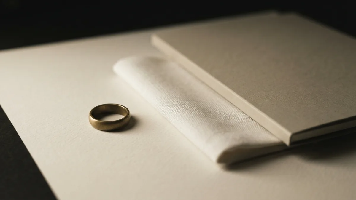 Brass ring, linen, and closed folder arranged to suggest steady compliance habits