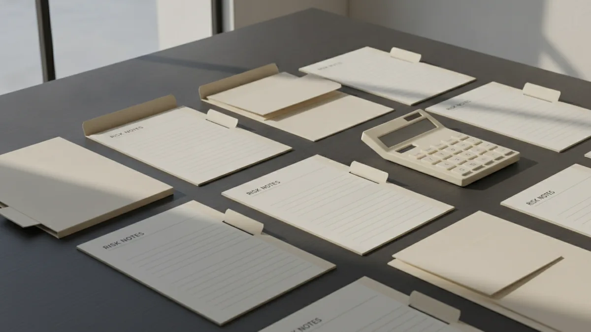 Organised compliance records with folders, risk notes, and a calculator on a modern desk