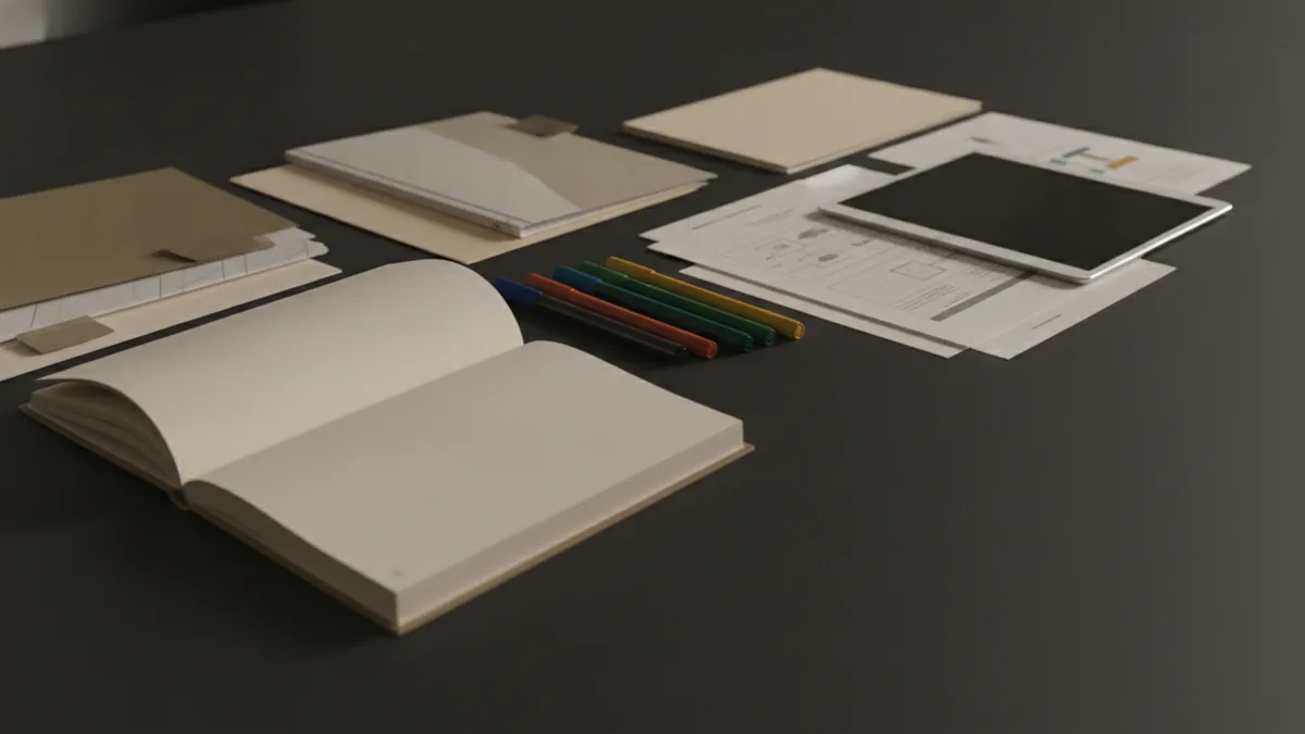 Risk review workspace with a notebook, folders, and coloured markers in neat rows
