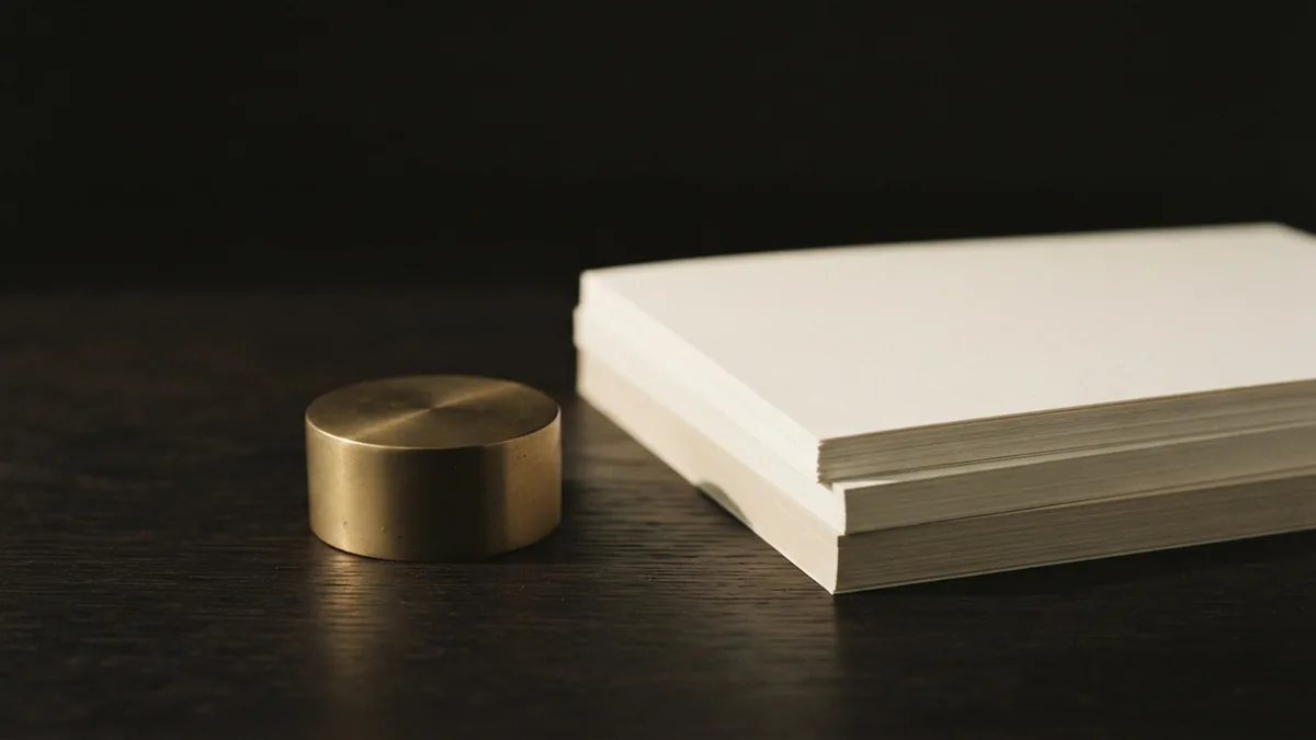 A still life suggesting careful daily checks Blank paper stack and brass weight suggest careful review of daily controls