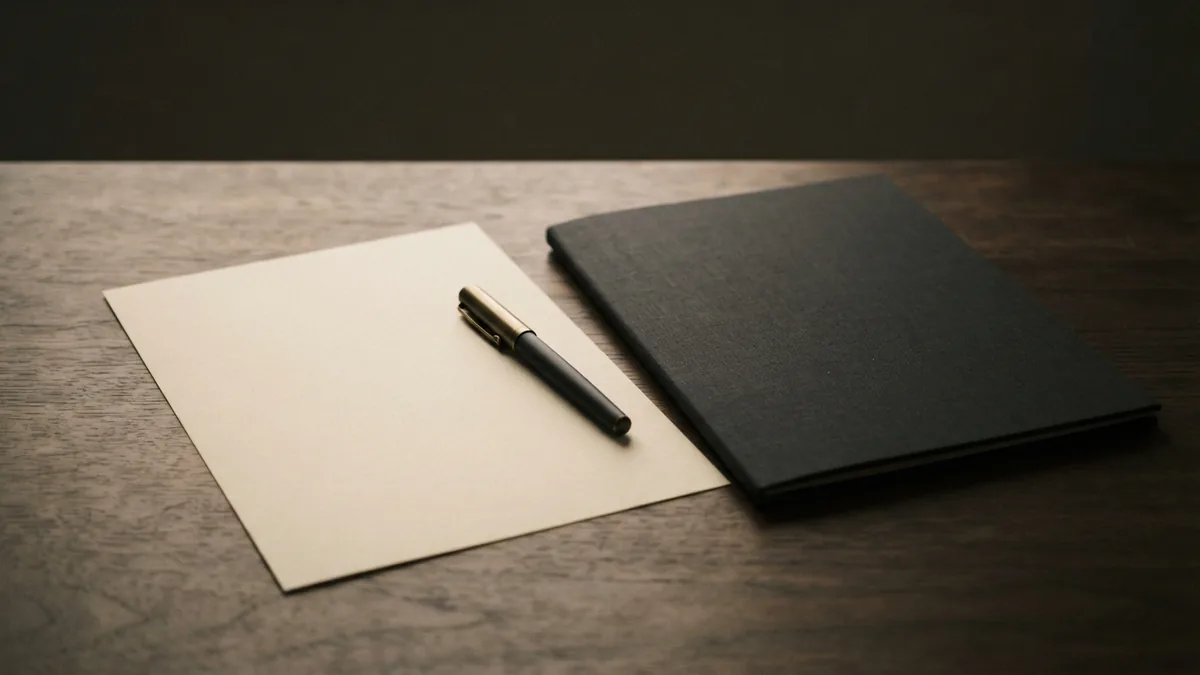 A still life about creative work Blank paper and a fountain pen beside a closed folder, suggesting original creative work