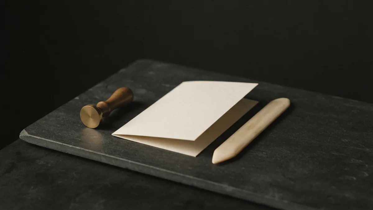 Unmarked brass seal and blank card representing signs used to identify a business