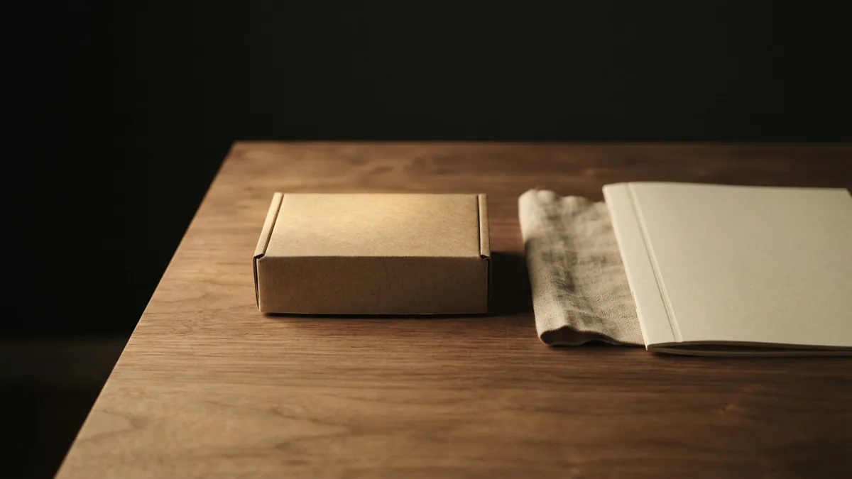 Product assets in a quiet still life Blank package, linen and closed folder representing creative work and brand protection