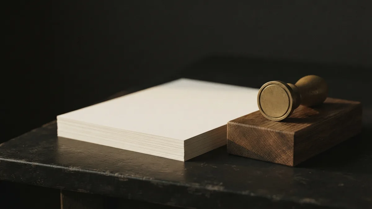Original artwork and ownership records Blank paper stack, wooden block, and brass seal representing original logo artwork
