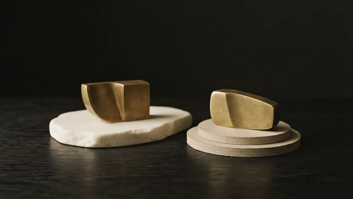 Two brass forms on layered cream materials showing complementary brand protection