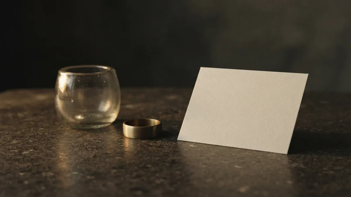 Brand use in a refined still life Glass vessel and brass ring beside a blank card representing a business brand