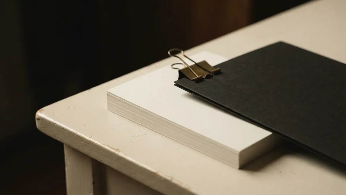 Blank papers and a closed folder suggesting risk review, training, and policy checks