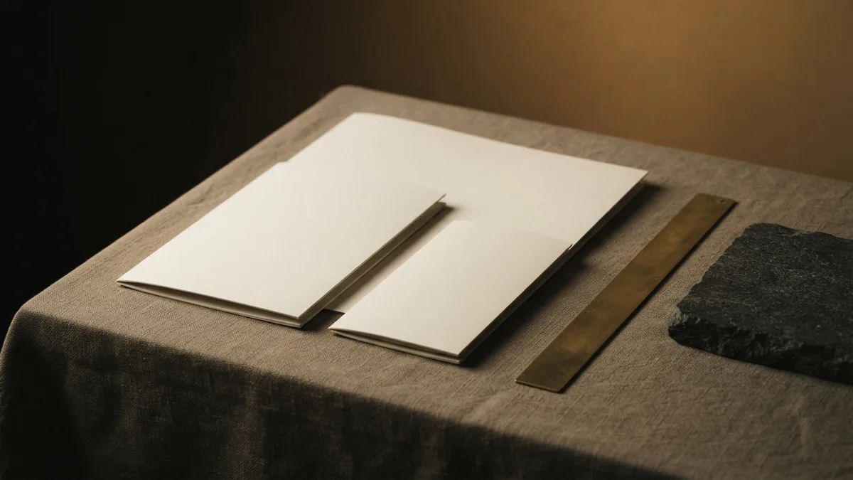 Two blank folders compared beside stone and brass objects in warm muted tones