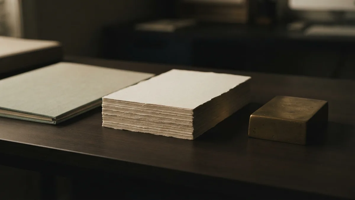 Blank paper stack between a closed folder and brass paperweight on a desk