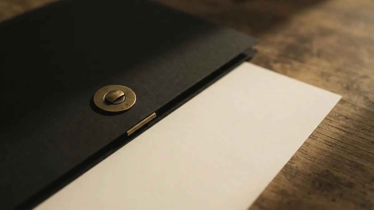 Blank sheet partly covered by a closed folder with a brass clasp