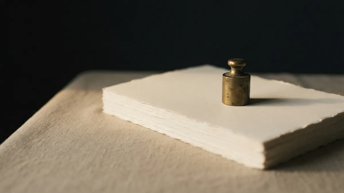 Careful checks before a decision Blank paper stack and brass weight suggesting careful review and sound decisions