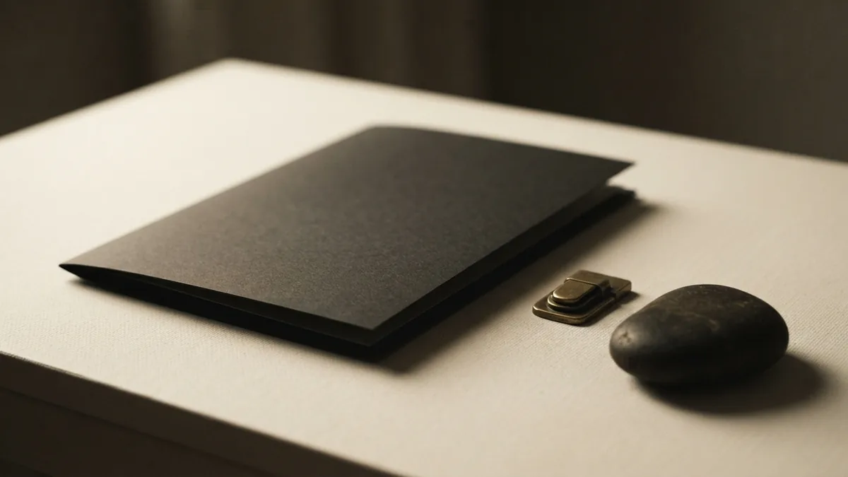 Blank folder with brass clasp and stone representing legal and business review