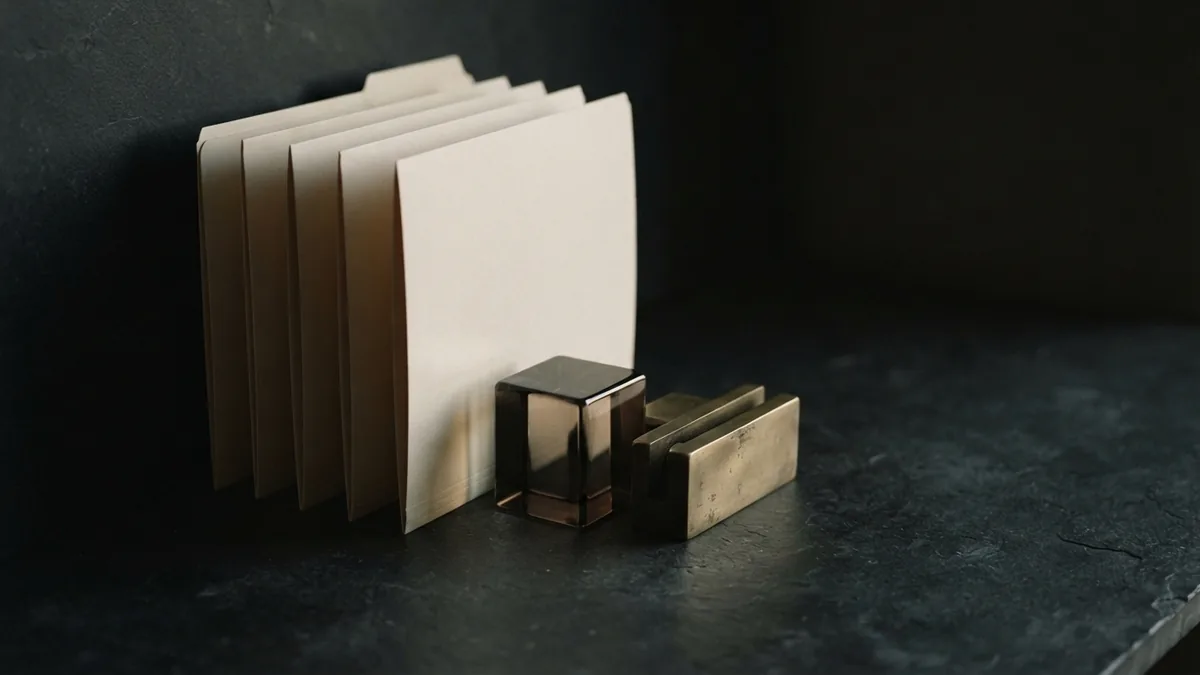 Different objects for different risk checks Blank folders, glass block, and brass hardware showing checks across industries