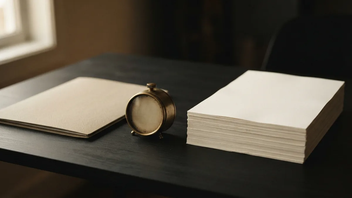 Blank papers and brass timer suggesting a careful property review period