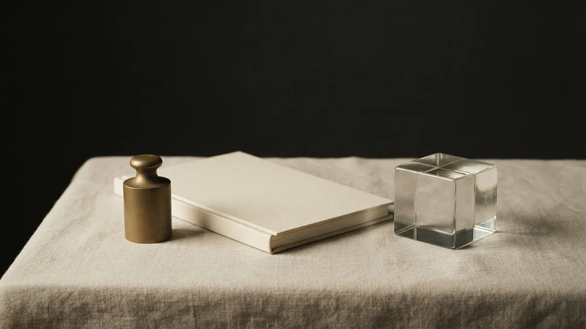Objects that suggest careful financial testing Blank ledger, brass weight, and glass cube symbolising financial checks