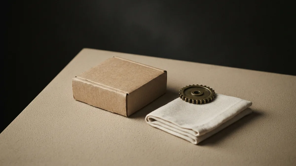 Blank box, brass gear, and linen showing the moving parts of business operations