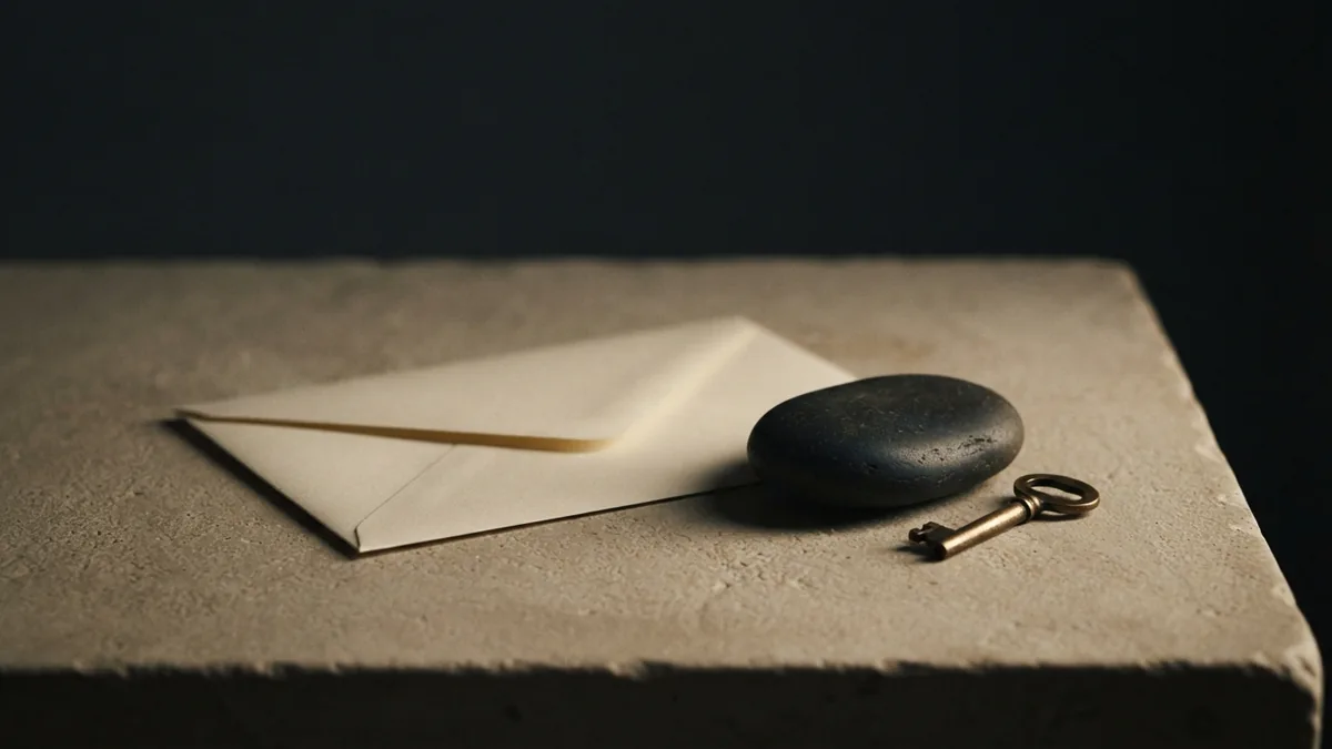 Blank sealed envelope, stone, and brass key for a considered purchase decision