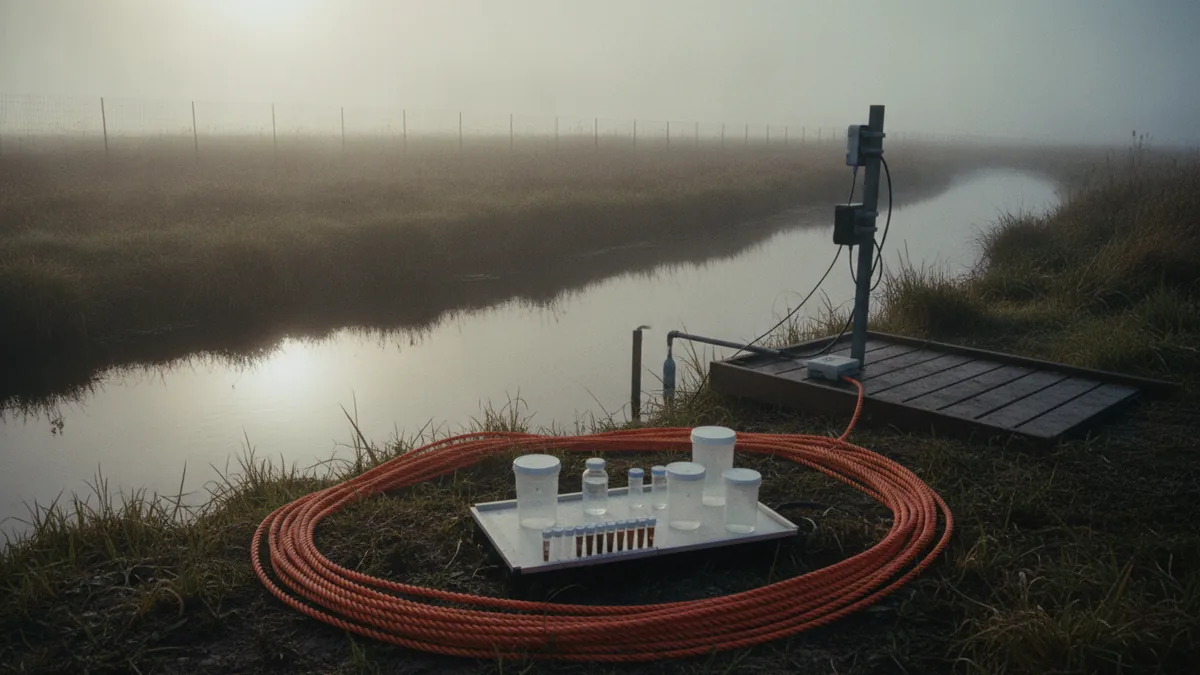 Water testing station beside a protected stream with sample tools and safety barriers