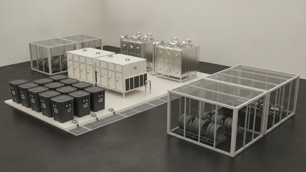 Factory filtration and waste storage areas arranged for safe environmental control