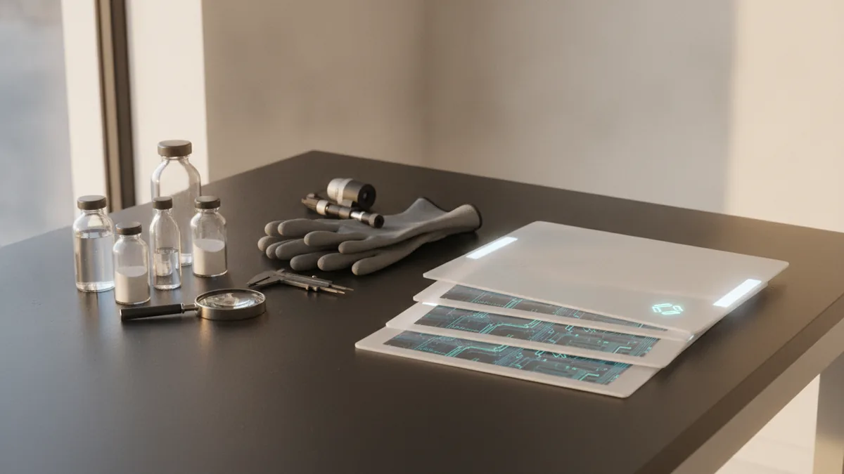 Compliance inspection records and sampling tools arranged on a workbench near a site