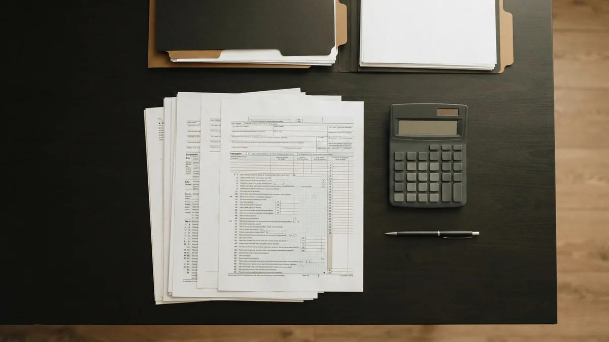 Organising ESOP tax reporting records Tax forms, calculator, and folders prepared for ESOP reporting review