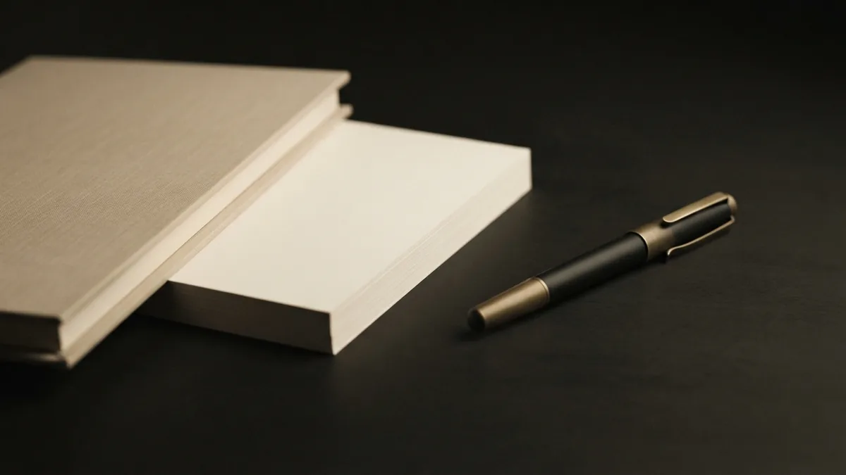 Pen and blank papers Fountain pen and blank paper beside a closed beige folder