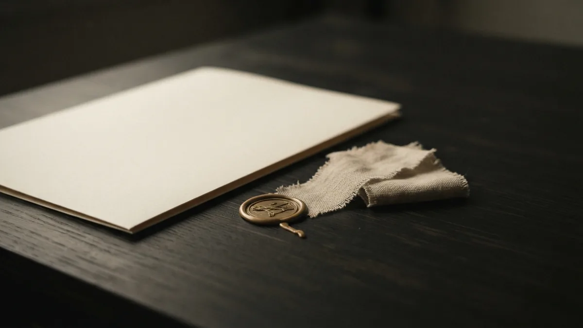 Unmarked folder with a plain wax seal and linen on dark wood
