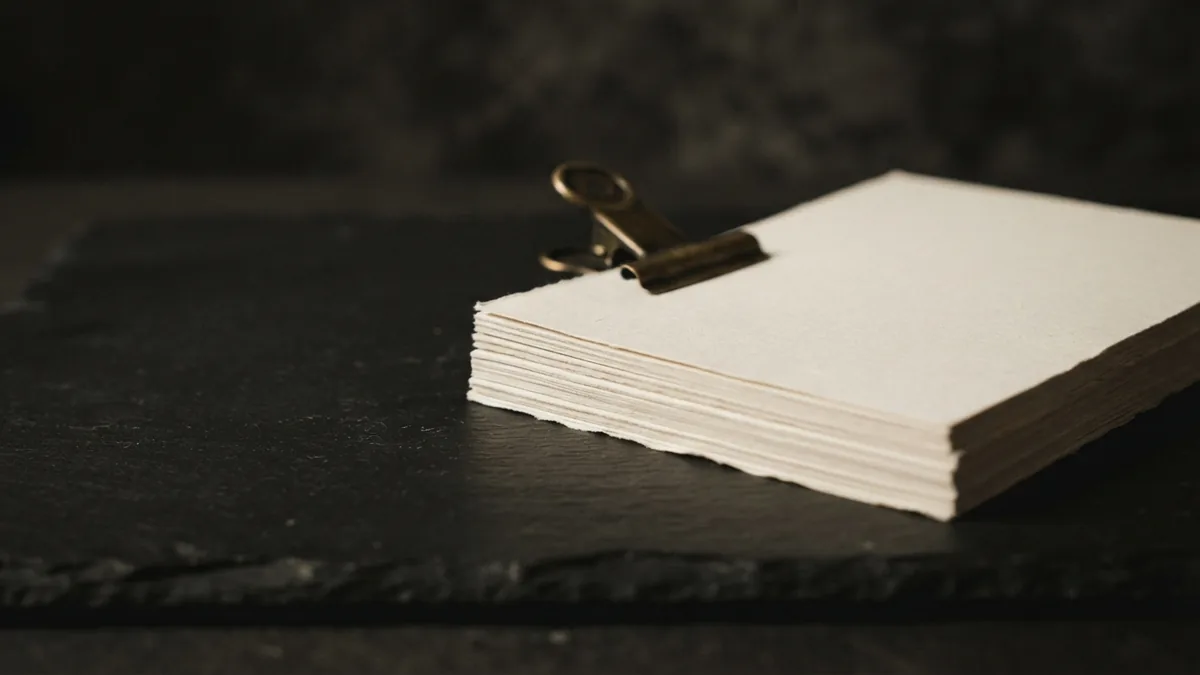 Blank papers with brass clip Blank cream papers held by a brass clip on a stone tabletop