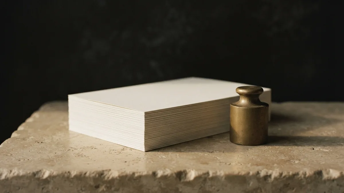 Blank stacked paper and a brass weight on a softly lit stone surface