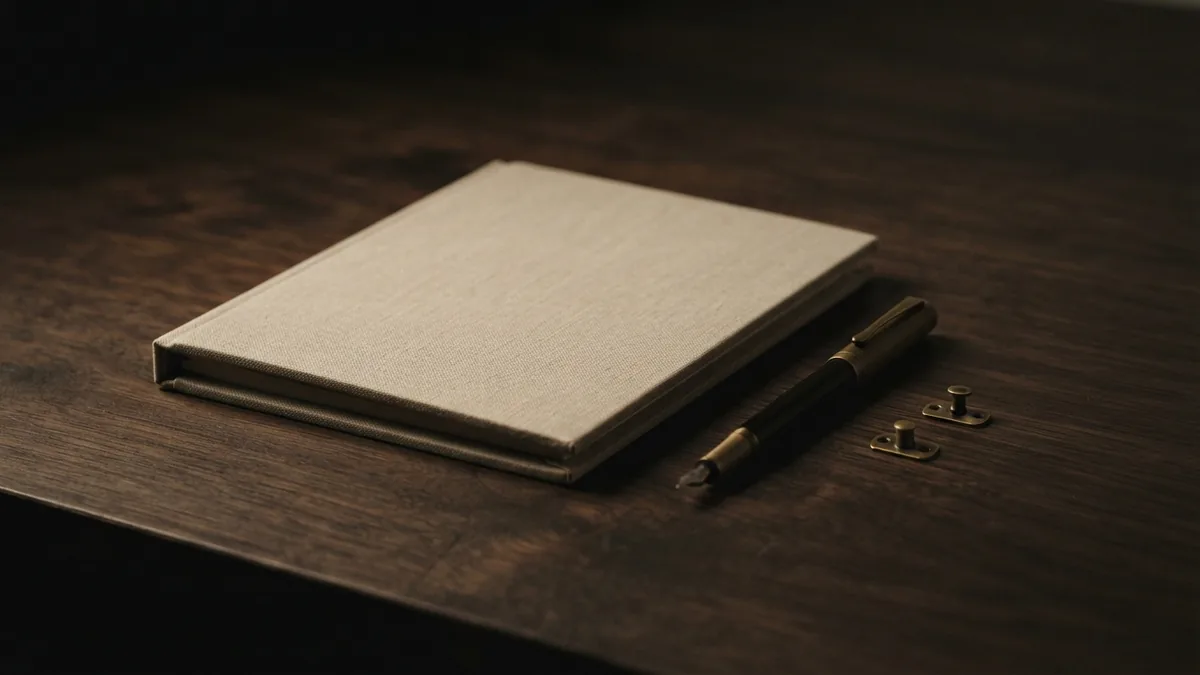 A considered still life for business data care A closed blank folder and fountain pen on a dark wood tabletop