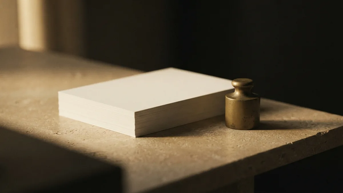 Blank paper stack and brass weight suggesting the financial burden of a lawsuit