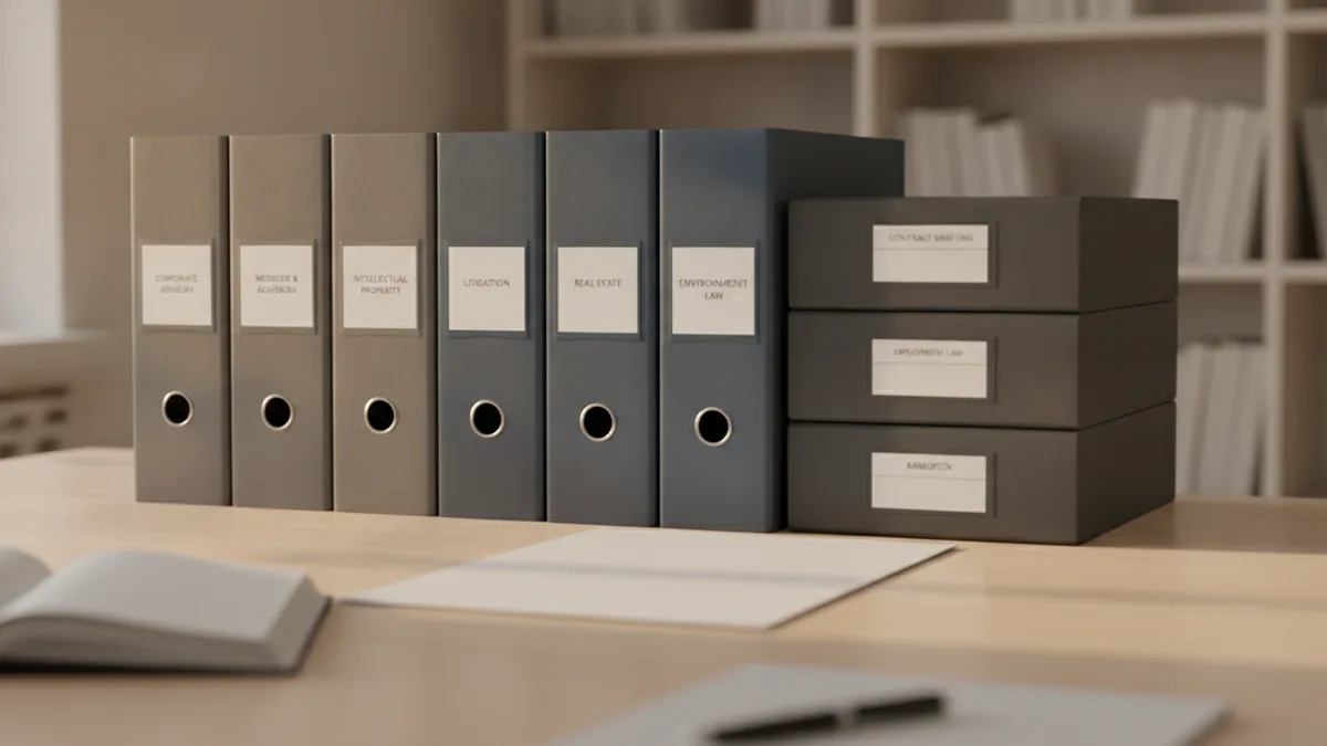 Organized folders representing contracts, torts, agency, and employment topics.