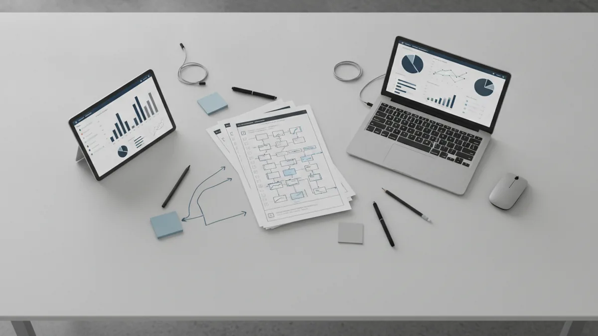 Compliance culture and operational control Cross-team compliance planning materials spread across a table.