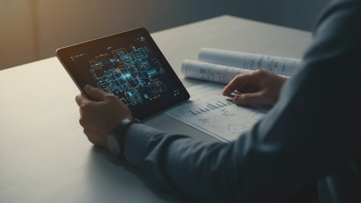Technical review scene showing engineering diagrams and notes