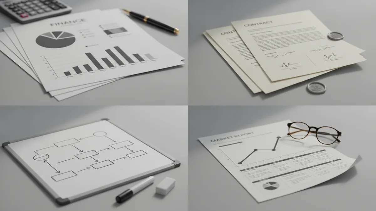 Four diligence workstreams Multiple due diligence work areas showing finance, legal, operations, and market materials