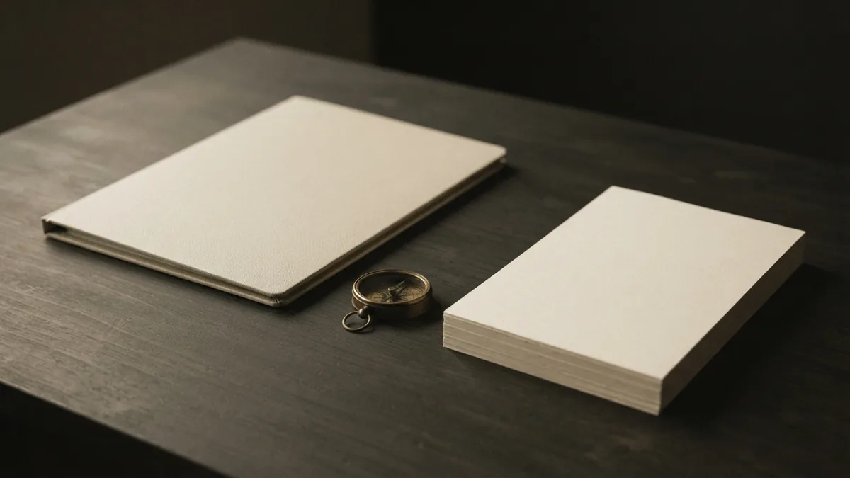 Closed folder, brass compass, and blank paper symbolising the trademark filing process
