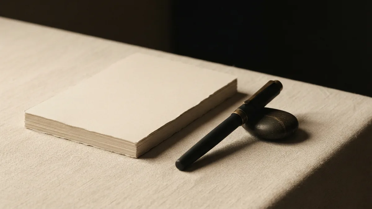 Careful preparation before submission Blank paper and fountain pen arranged beside a stone weight for application planning