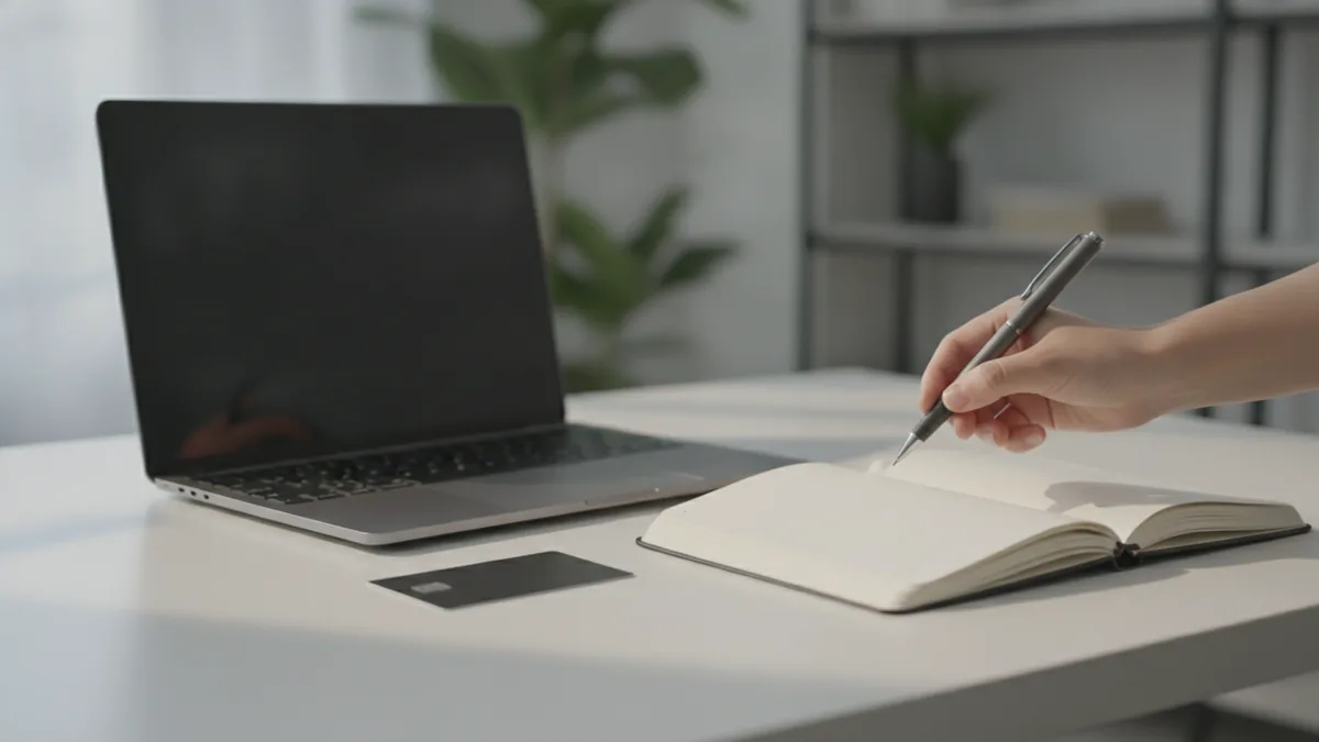 Laptop, payment method, and notes representing filing steps and fees