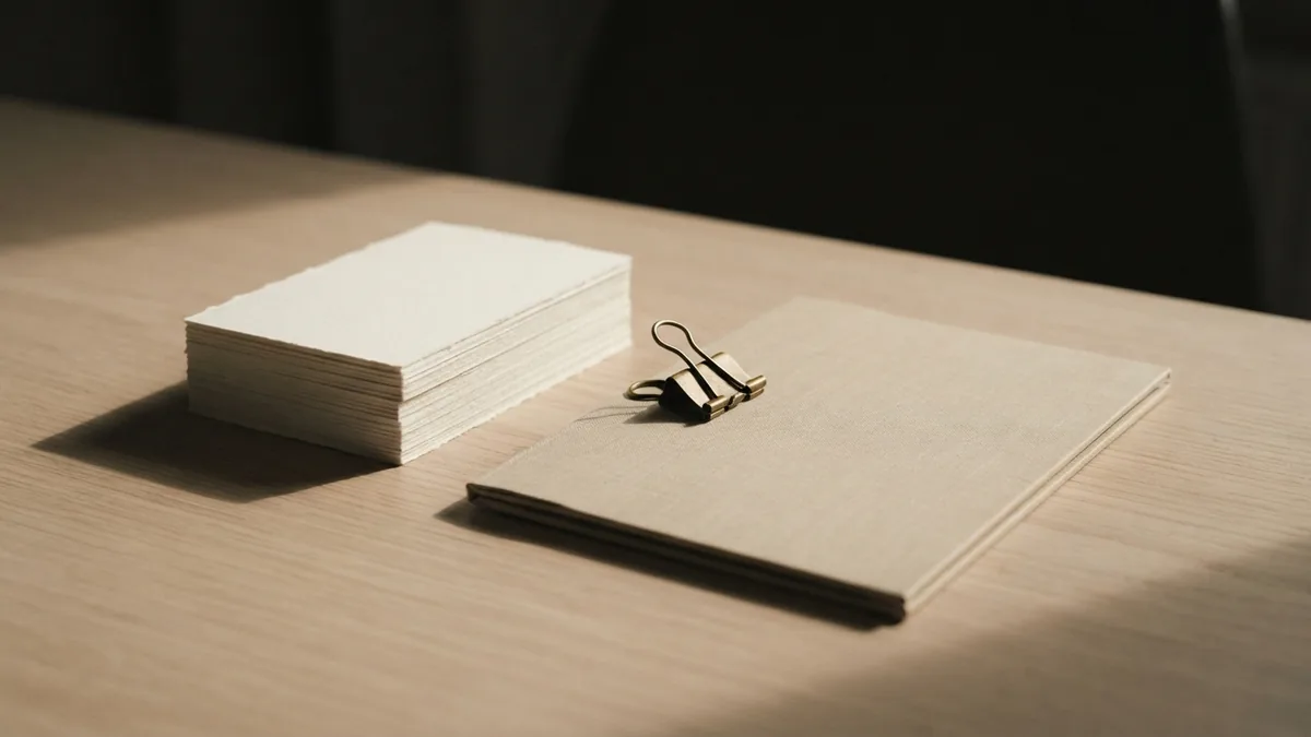 A clean foundation for business trust Blank cream cards and brass clip arranged beside a folder for a lawn care business plan