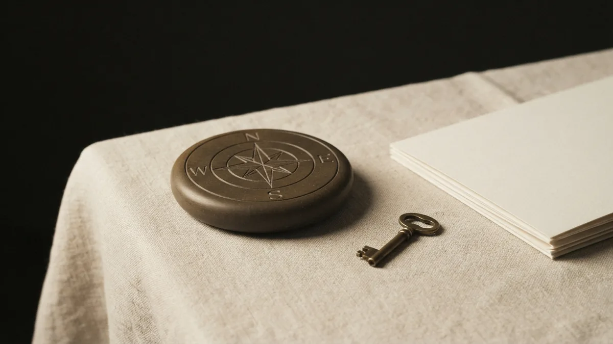 Stone compass form with brass key and linen suggesting nearby lawn care searches