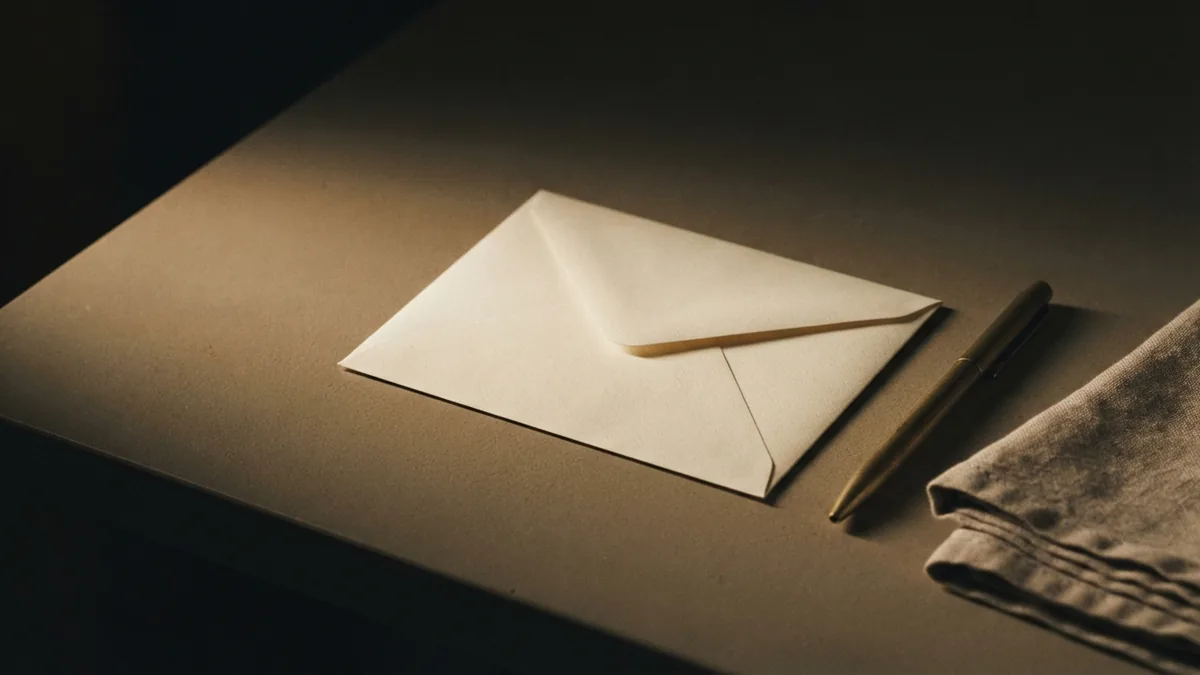 Plain cream envelope and brass pen arranged for a lawn care customer email plan