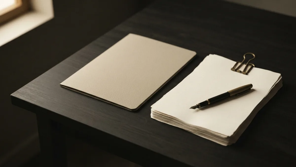 Fountain pen and blank folder arranged for a precise filing process