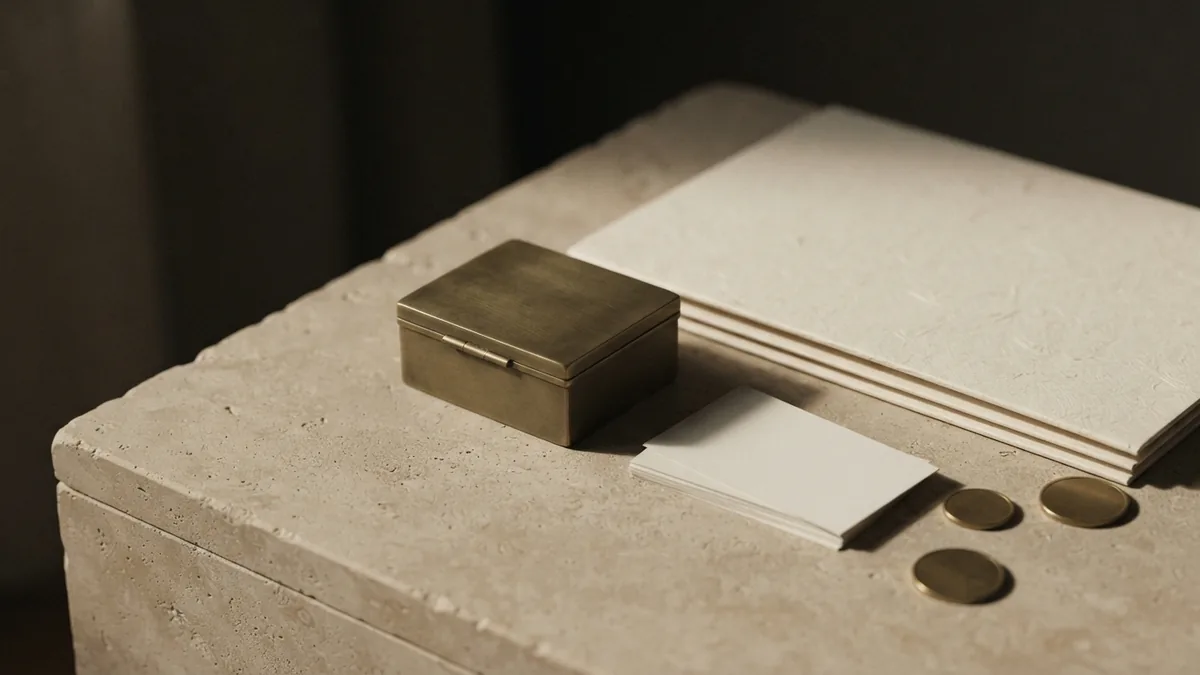 Brass box and blank cards suggesting careful planning of filing costs