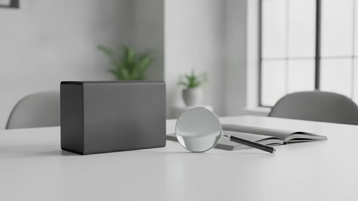 What trademarks identify Magnifying glass and notebook beside a product package for brand review